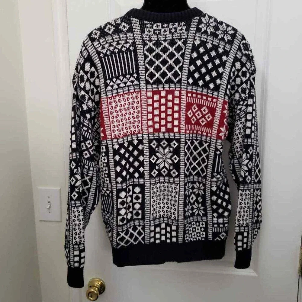 Jantzen Mens Pullover Ugly Sweater Blue Red Nordic Winter Fair Isle Cotton USA M